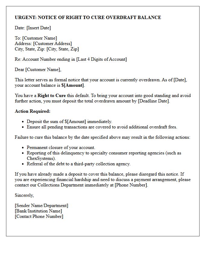 Urgent Right to Cure Overdraft Account Balance Letter
