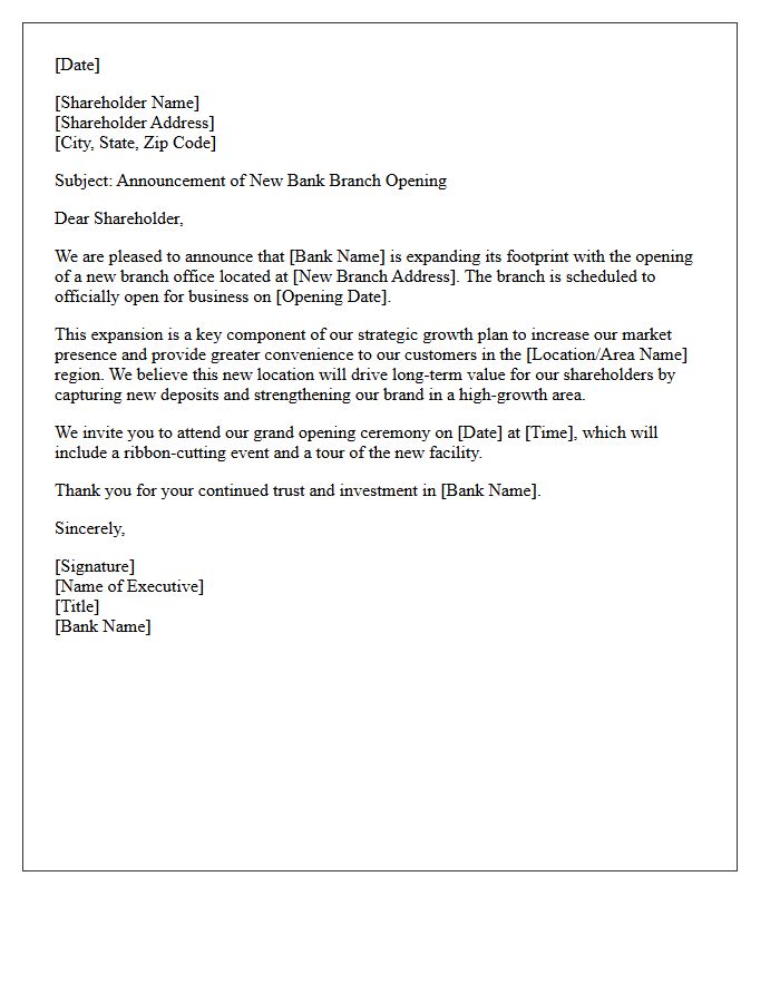 Shareholder New Bank Branch Announcement Letter