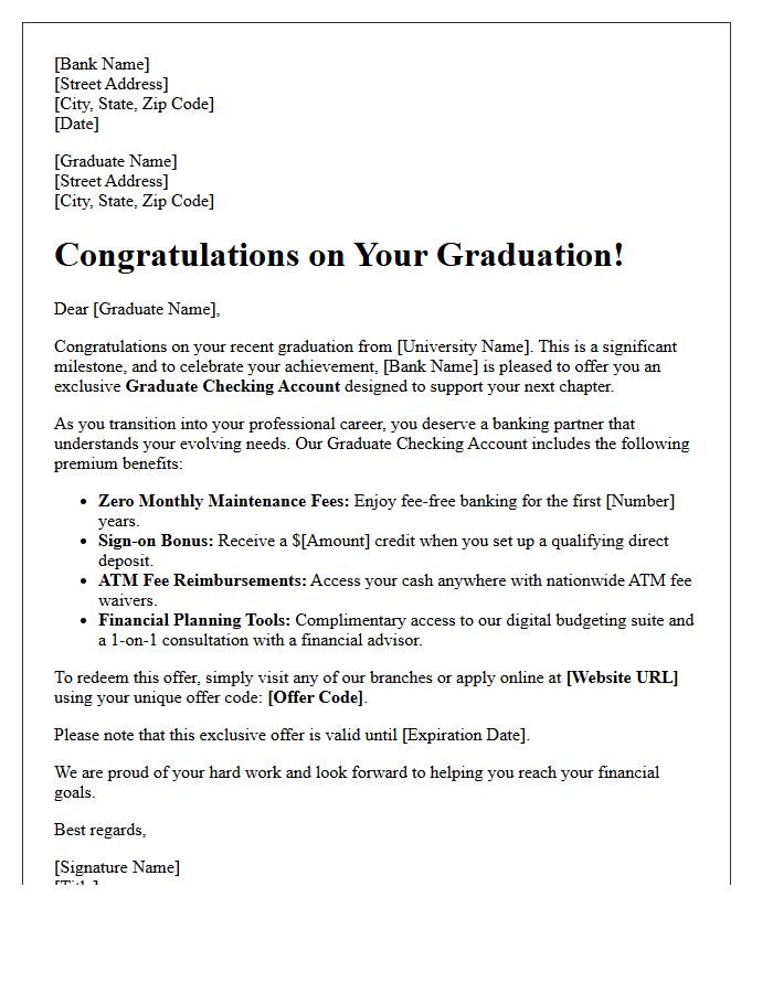 Exclusive Graduate Checking Account Offer Letter