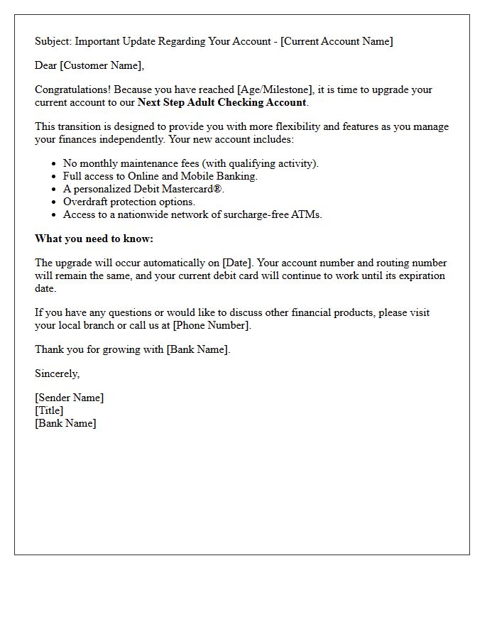 Next Step Adult Checking Account Upgrade Letter