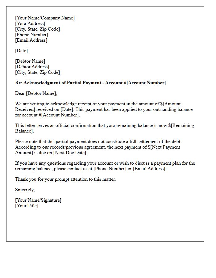 Debt Collection Partial Payment Acknowledgment Letter