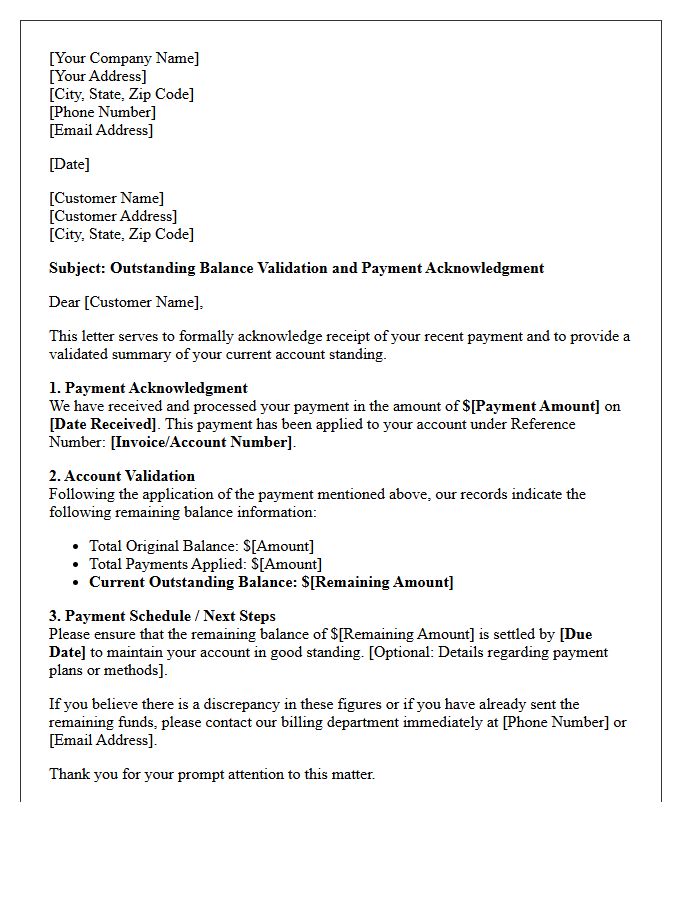 Outstanding Balance Validation and Payment Acknowledgment Letter