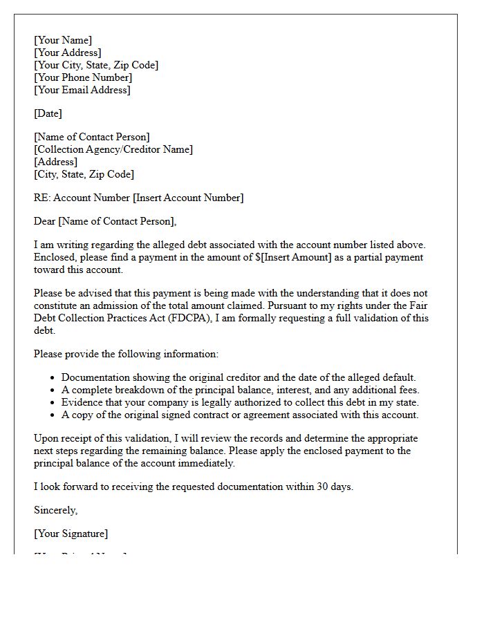 Partial Payment Acceptance and Debt Validation Letter
