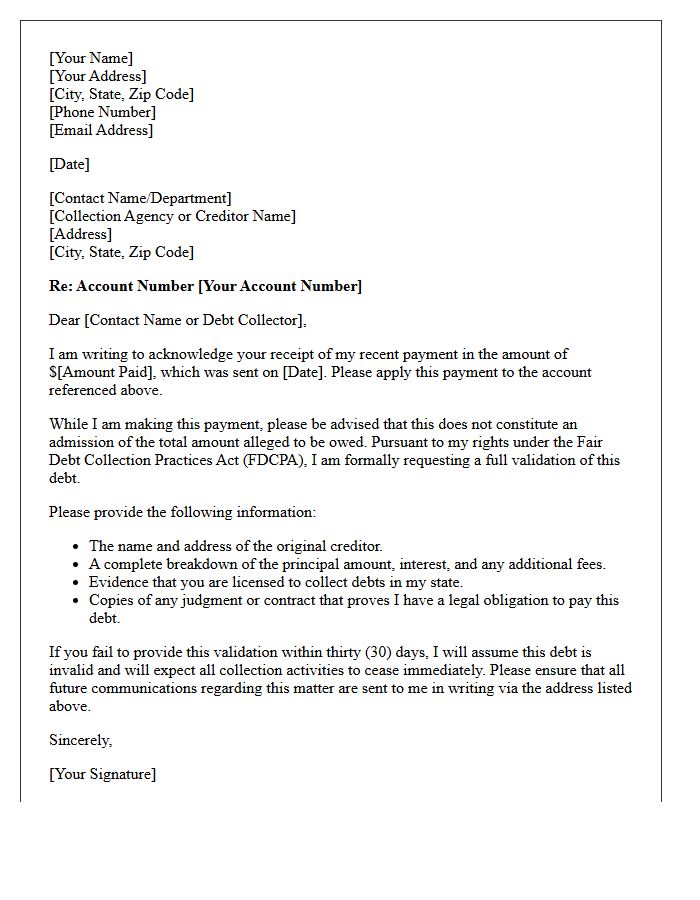 Partial Payment Acknowledgment and Debt Validation Letter