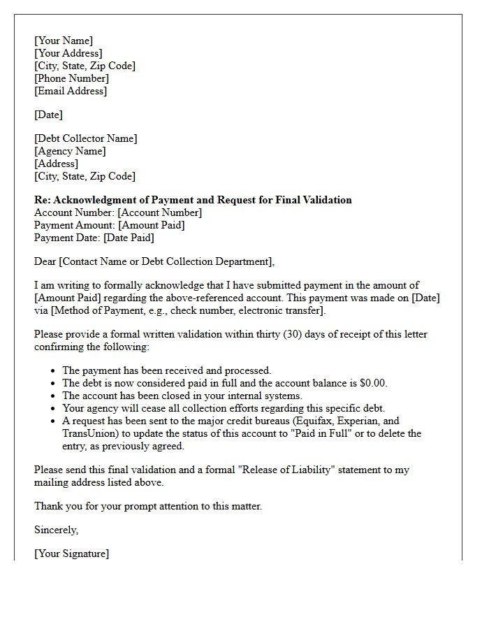 Post-Payment Debt Validation Acknowledgment Letter