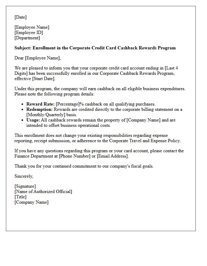 Corporate Credit Card Cashback Rewards Program Enrollment Letter