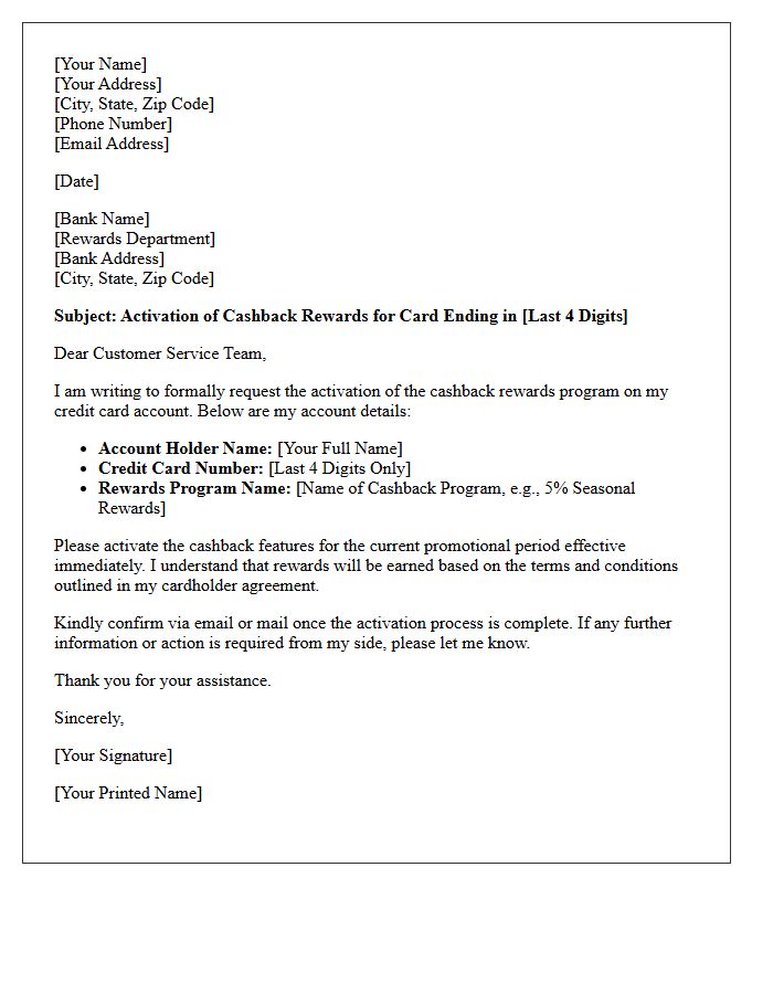 Credit Card Cashback Rewards Activation Letter
