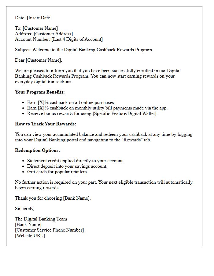 Digital Banking Cashback Rewards Program Enrollment Letter