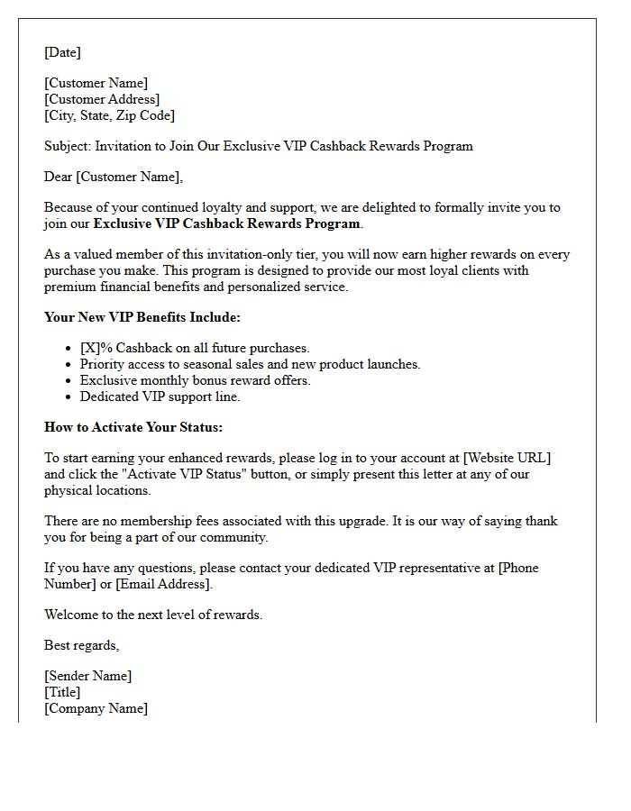 Exclusive VIP Cashback Rewards Program Invitation Letter