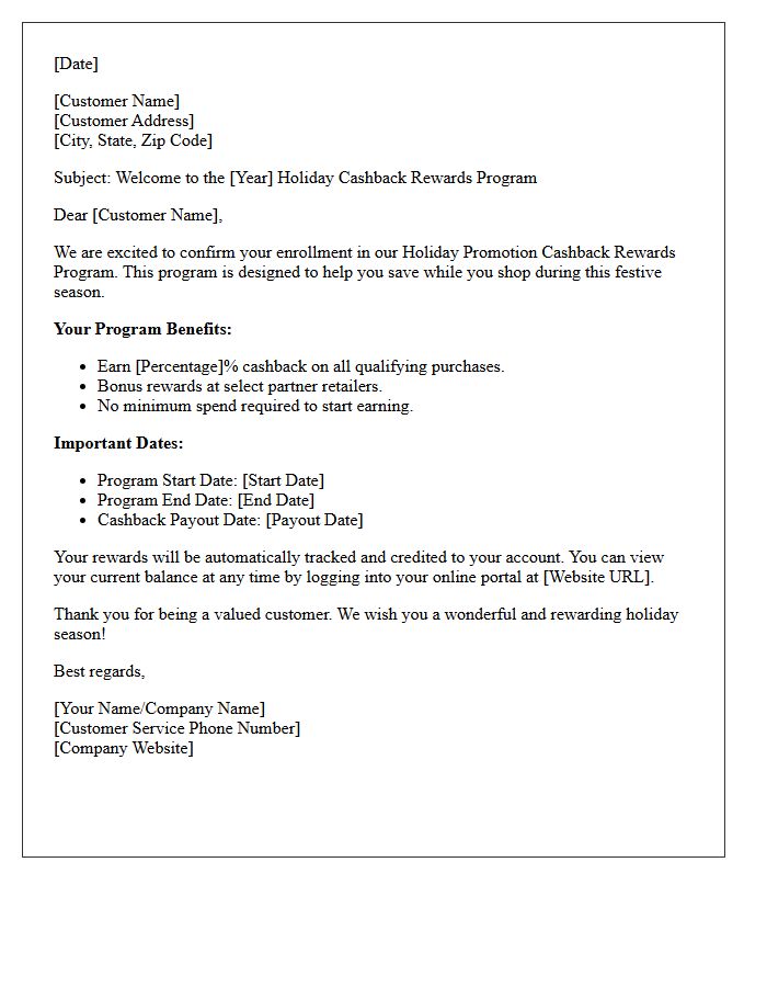Holiday Promotion Cashback Rewards Program Enrollment Letter