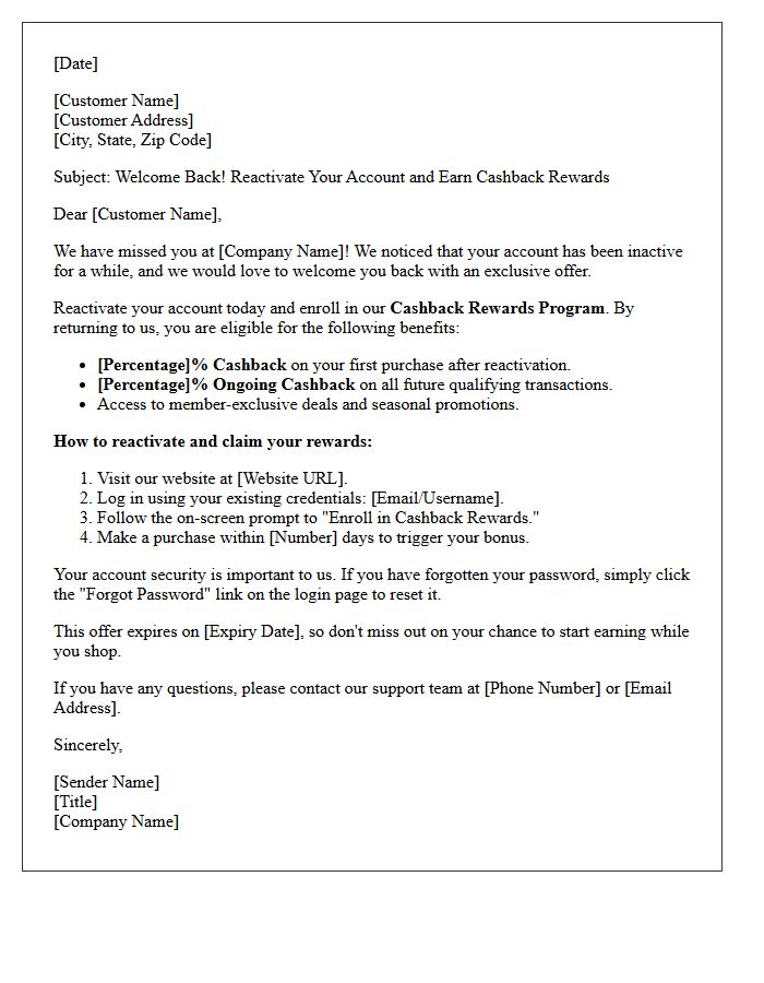 Inactive Account Reactivation Cashback Rewards Enrollment Letter