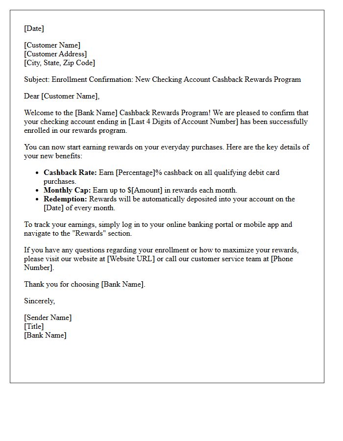 New Checking Account Cashback Rewards Program Enrollment Letter