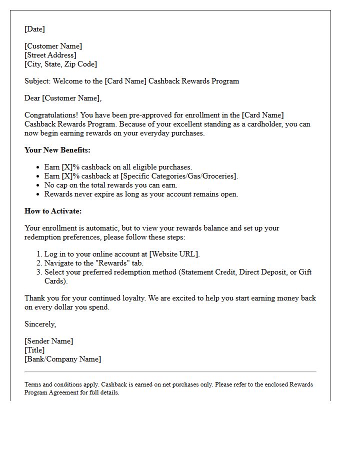 Pre-Approved Credit Card Cashback Rewards Program Enrollment Letter