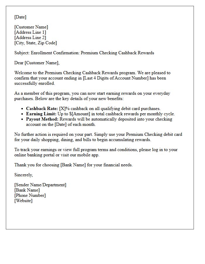 Premium Checking Cashback Rewards Enrollment Letter