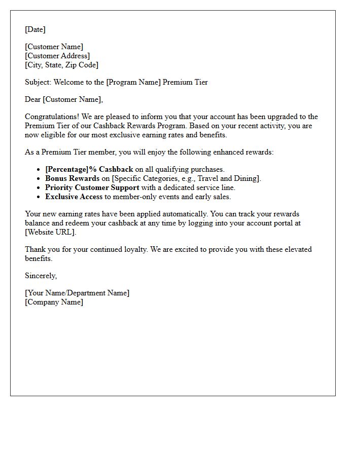 Premium Tier Cashback Rewards Program Enrollment Letter