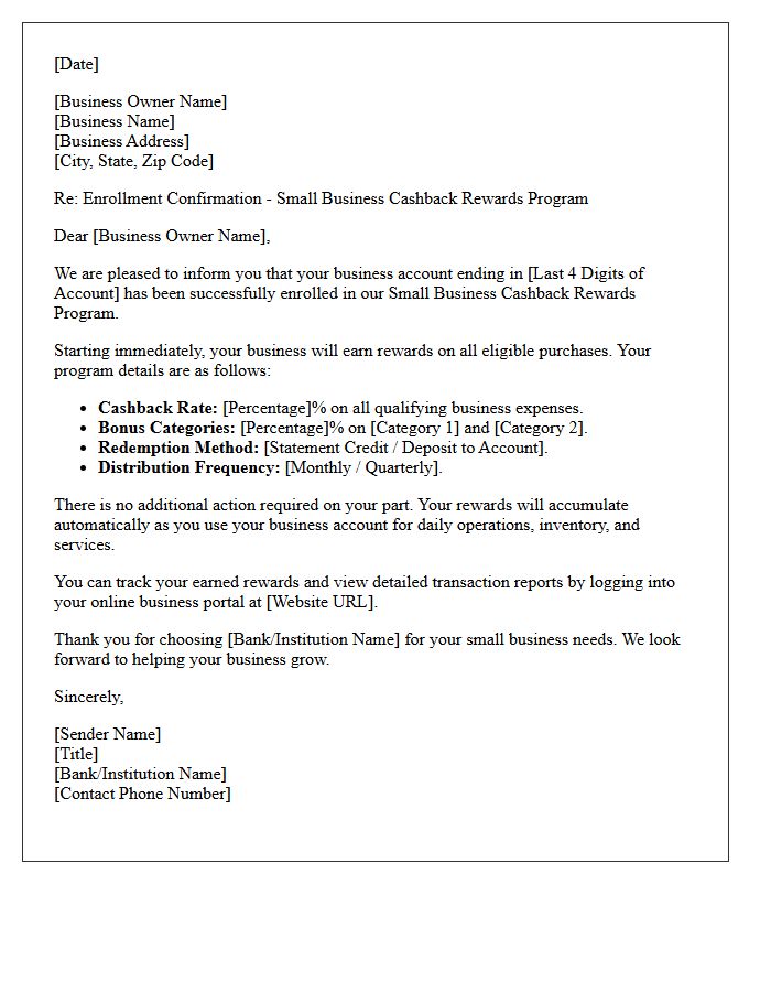 Small Business Account Cashback Rewards Program Enrollment Letter
