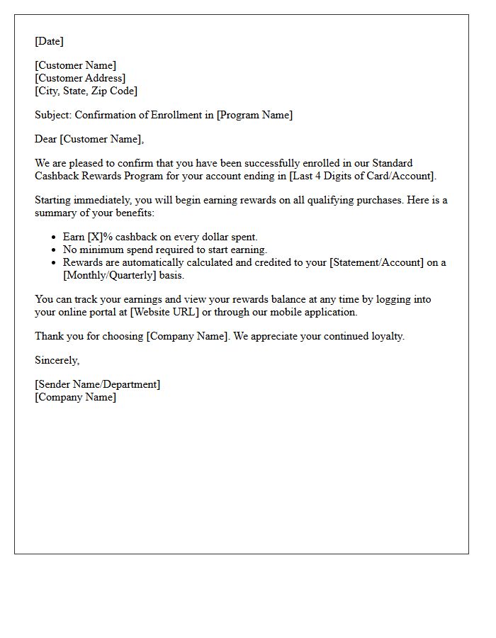 Standard Cashback Rewards Program Enrollment Letter