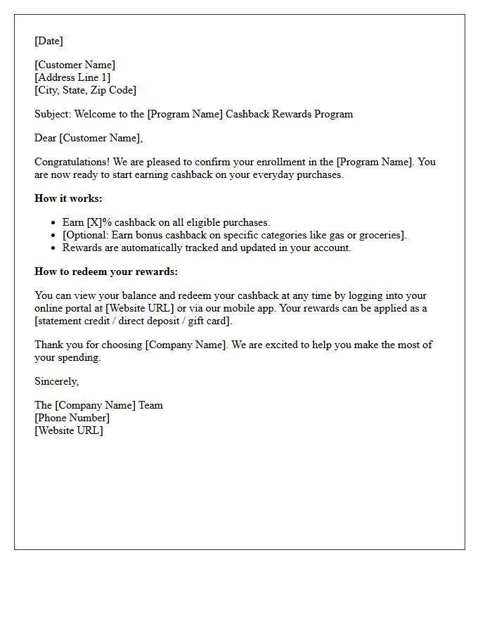 Standard Cashback Rewards Program Enrollment Welcome Letter
