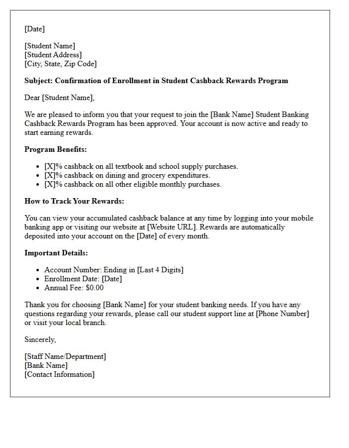 Student Banking Cashback Rewards Program Enrollment Letter