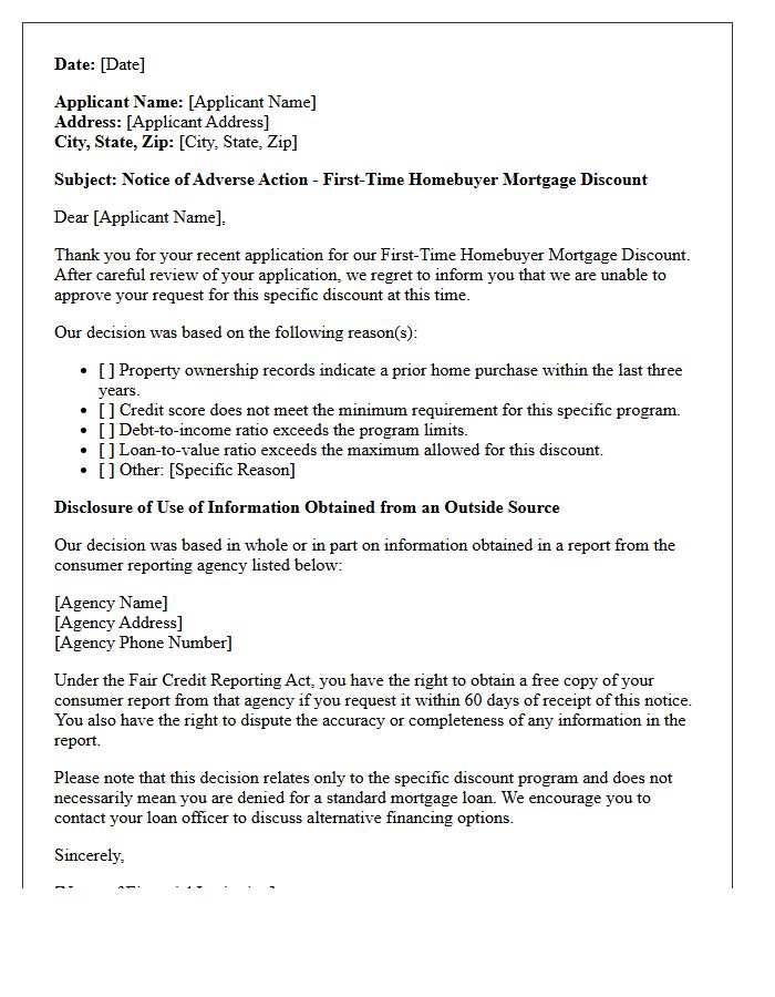 Adverse Action Letter for First-Time Homebuyer Mortgage Discount