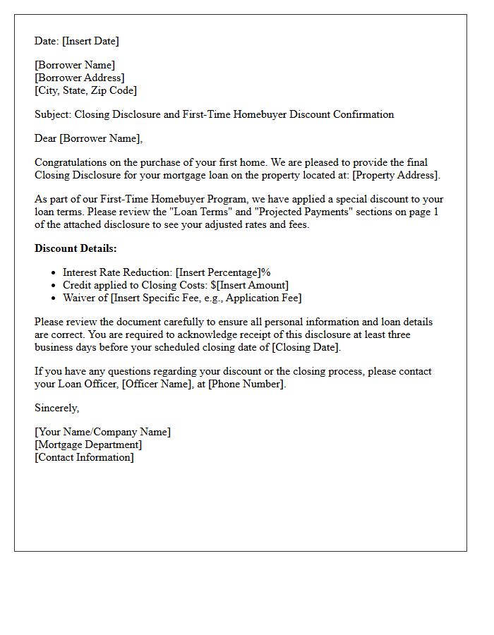 Closing Disclosure Letter for First-Time Homebuyer Mortgage Discount