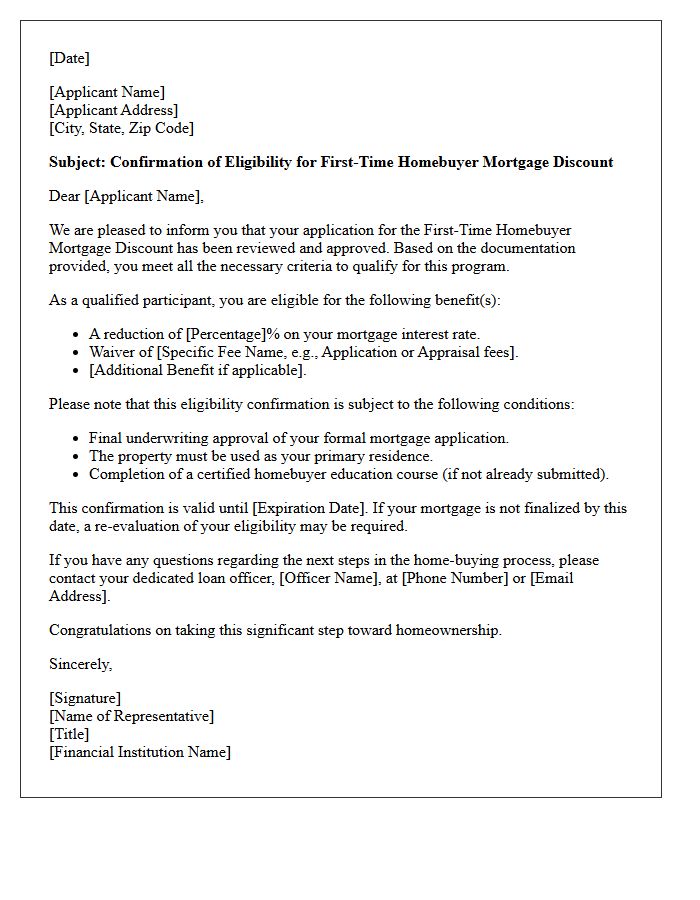 Eligibility Confirmation Letter for First-Time Homebuyer Mortgage Discount