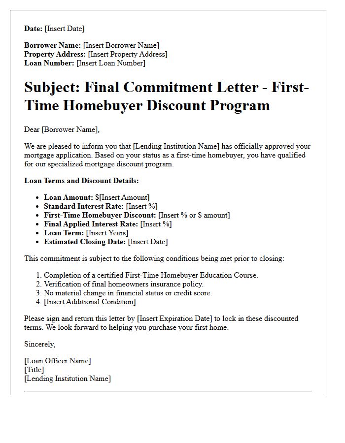 Final Commitment Letter for First-Time Homebuyer Mortgage Discount