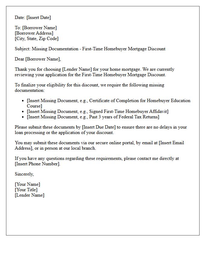Missing Documentation Request Letter for First-Time Homebuyer Mortgage Discount