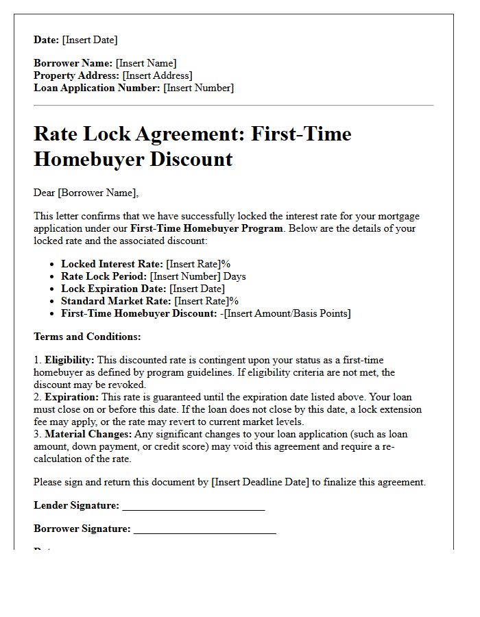 Rate Lock Agreement Letter for First-Time Homebuyer Mortgage Discount