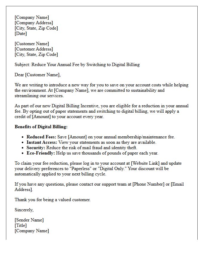 Annual Fee Reduction Digital Billing Incentive Letter