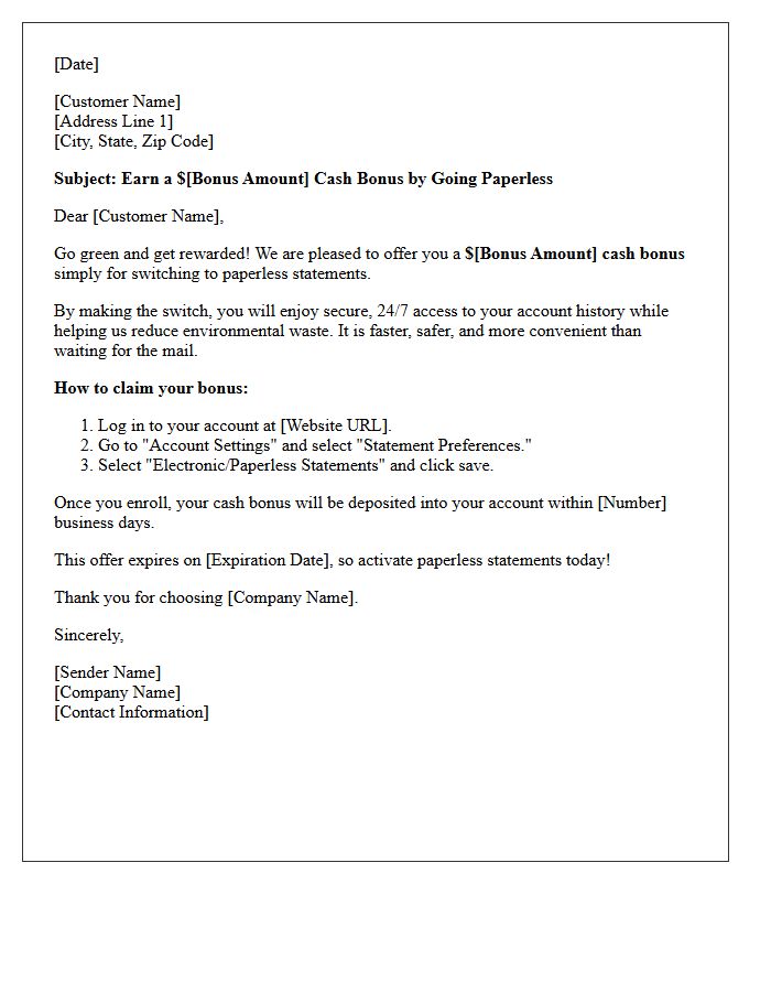 Cash Bonus Paperless Statement Activation Letter