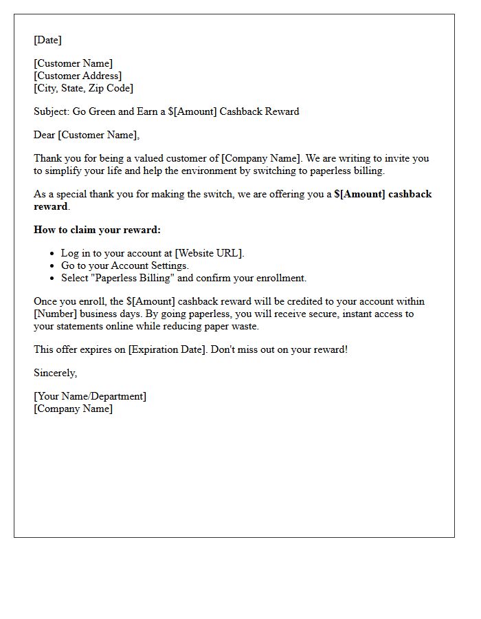 Cashback Reward Paperless Enrollment Offer Letter