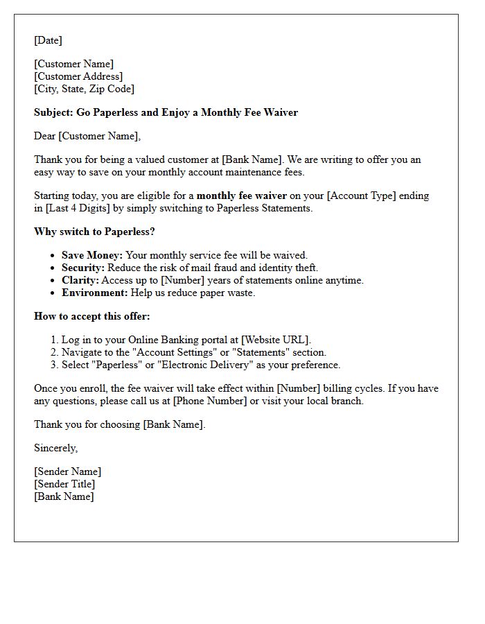 Monthly Fee Waiver Paperless Banking Offer Letter