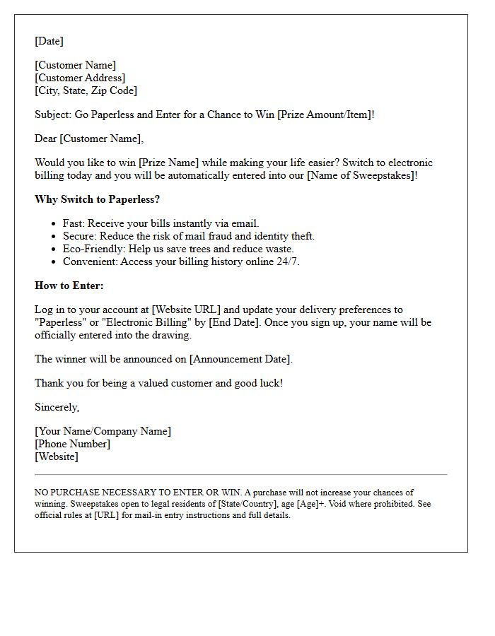 Sweepstakes Entry Electronic Billing Offer Letter