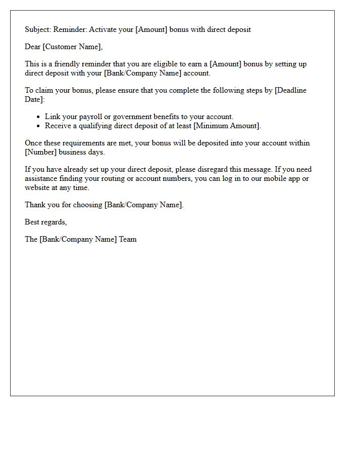 Direct Deposit Bonus Activation Reminder Letter