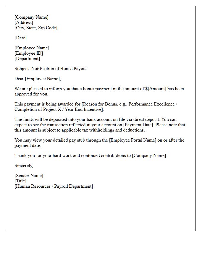 Direct Deposit Bonus Payout Notification Letter
