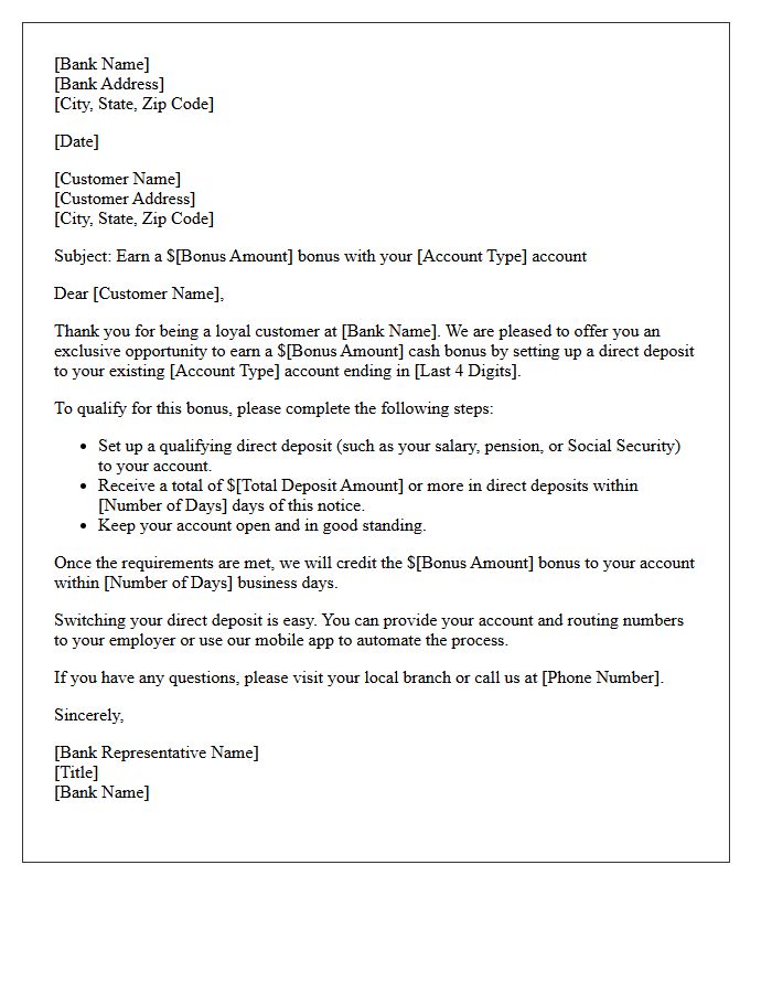 Existing Account Direct Deposit Bonus Letter