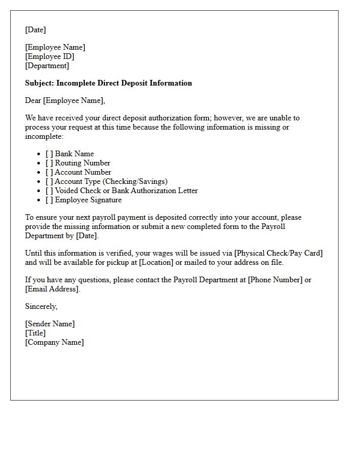 Incomplete Direct Deposit Requirement Letter