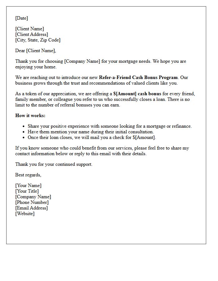 Mortgage Client Refer-a-Friend Cash Bonus Letter