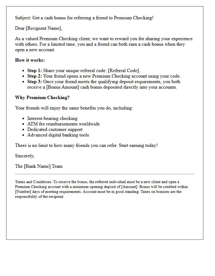 Premium Checking Refer-a-Friend Cash Bonus Letter