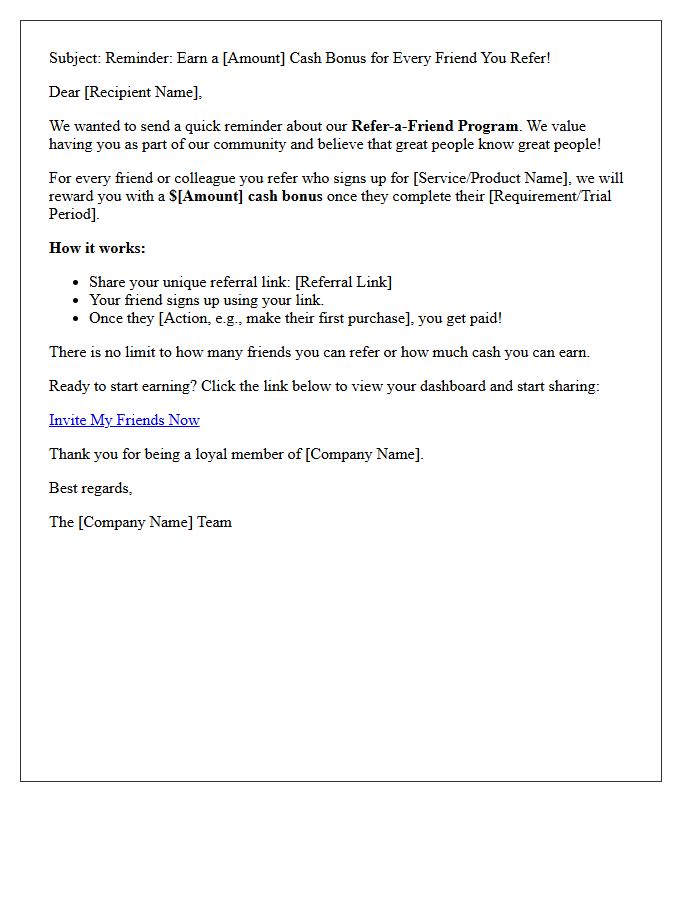 Refer-a-Friend Cash Bonus Program Reminder Letter