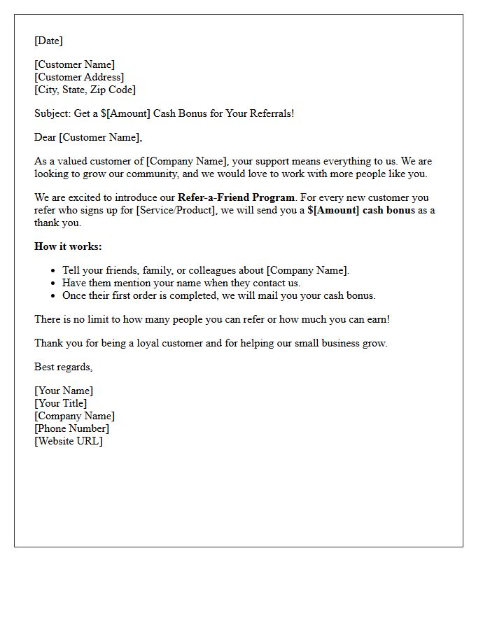 Small Business Refer-a-Friend Cash Bonus Letter