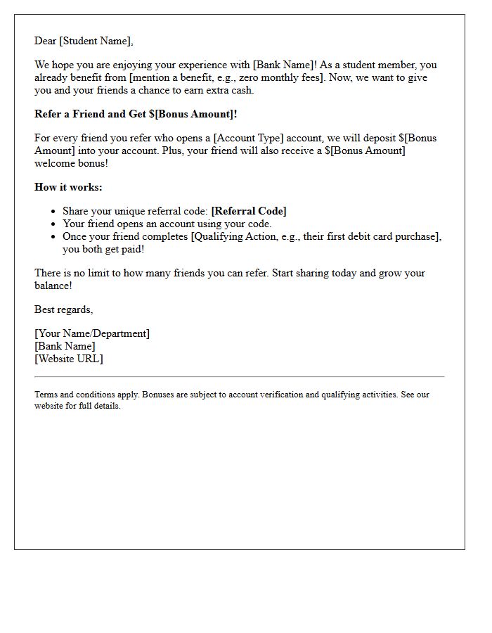 Student Banking Refer-a-Friend Cash Bonus Letter