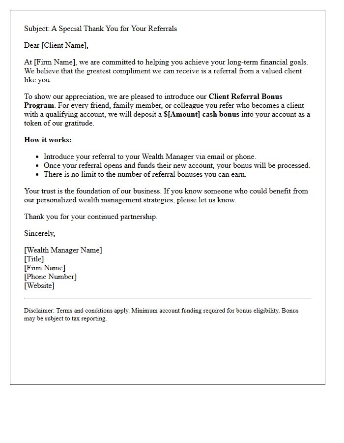 Wealth Management Refer-a-Friend Cash Bonus Letter