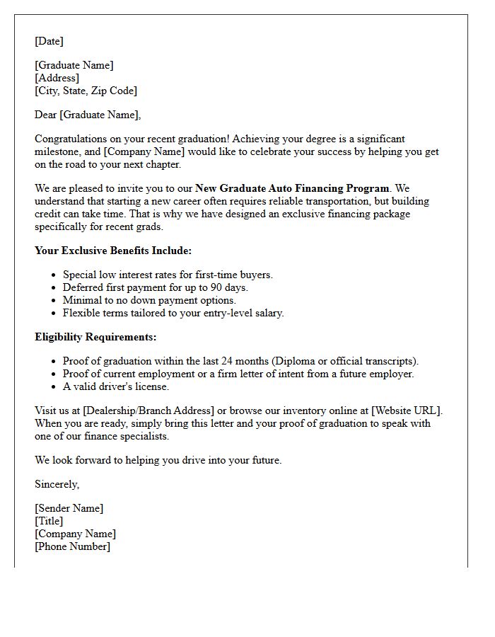 New Graduate Auto Financing Promotional Letter