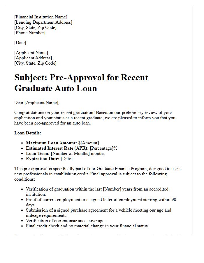 Recent Graduate Auto Loan Pre-Approval Letter