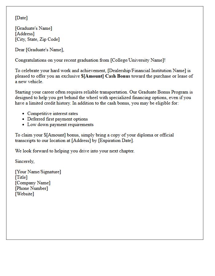 Recent Graduate Cash Bonus Auto Loan Letter