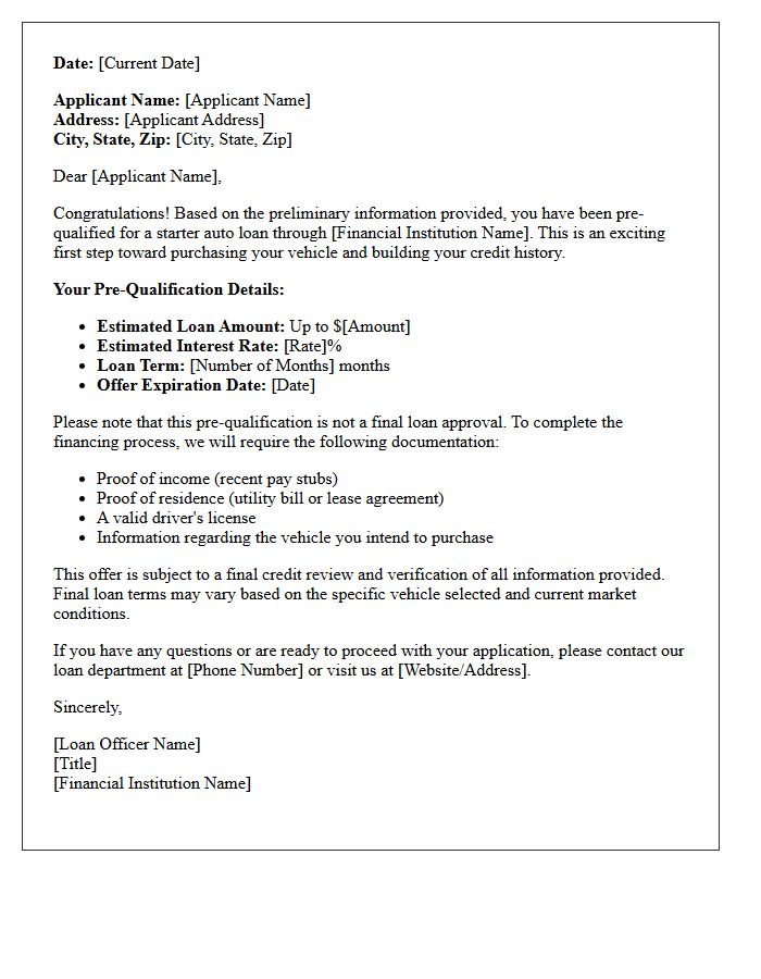 Starter Auto Loan Pre-Qualification Letter
