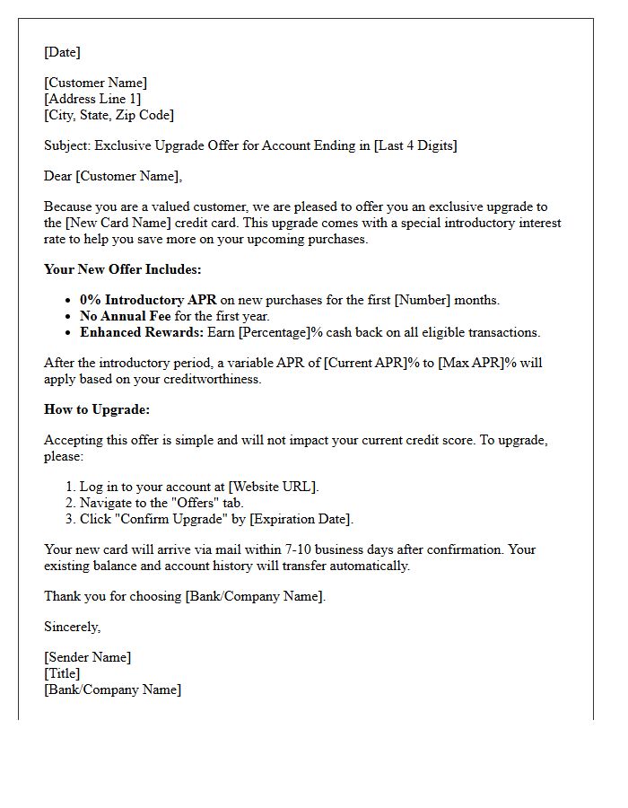 Account Upgrade Zero Percent Introductory Rate Credit Card Offer Letter