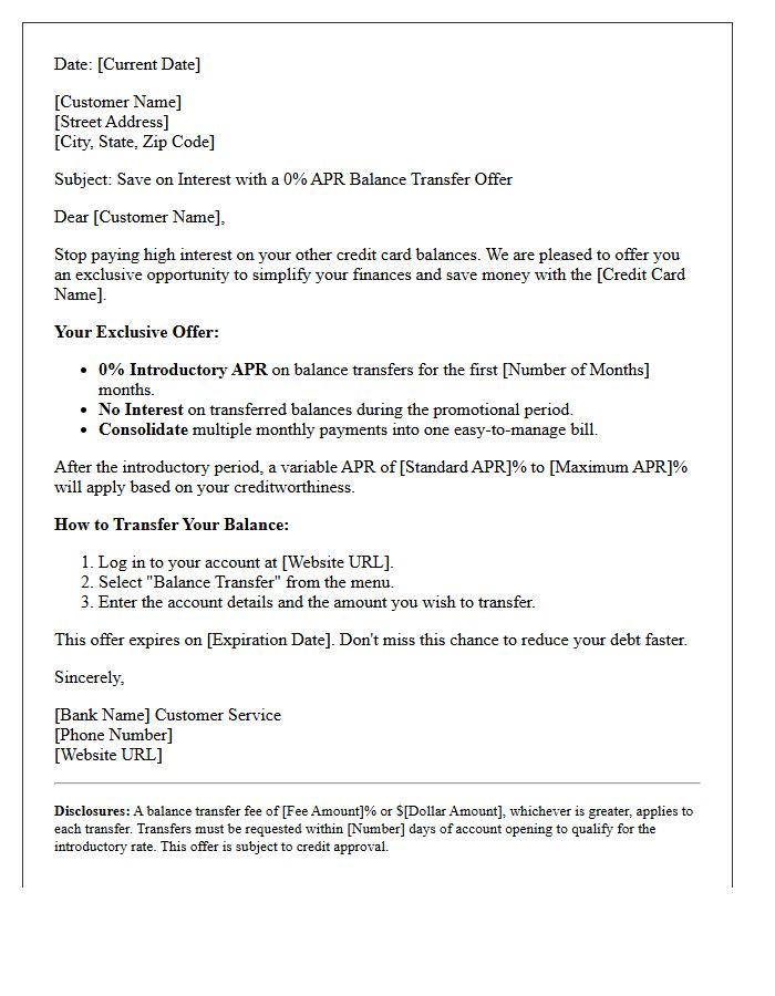 Balance Transfer Zero Percent Introductory Rate Credit Card Offer Letter